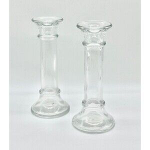 Set of 2 Vintage Clear Glass Candlestick Candle Holders